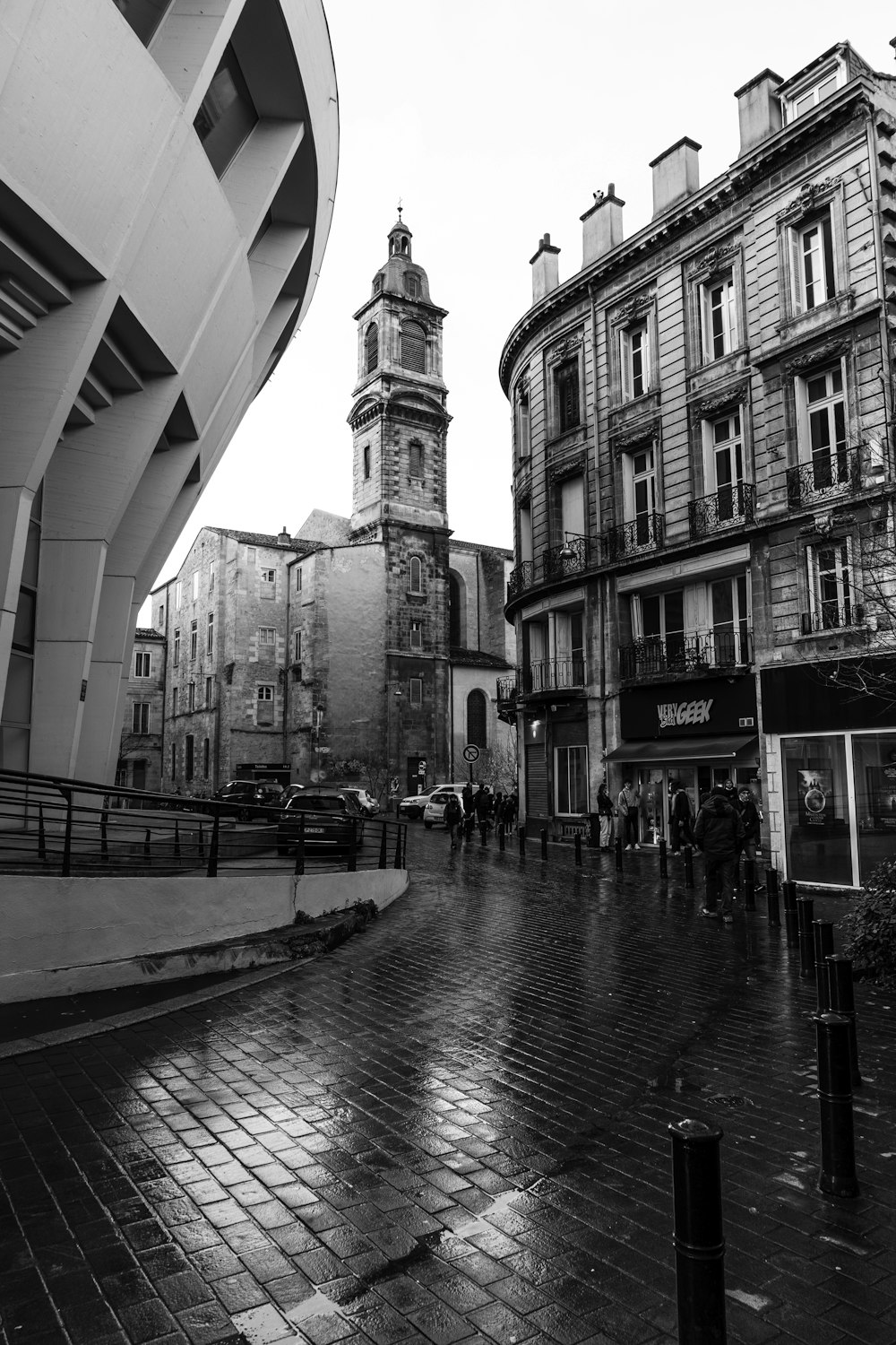 a stone tower in a city