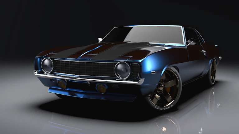 A sleek Fat Boy Frame design displayed on a dark gray sports car with light blue accents.