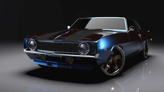 A sleek, vintage muscle car with a reflective black and blue finish and chrome accents, shown in a dimly lit environment. The car's design features a distinct angular shape with prominent front headlights and a wide grille, enhancing its classic and robust look.