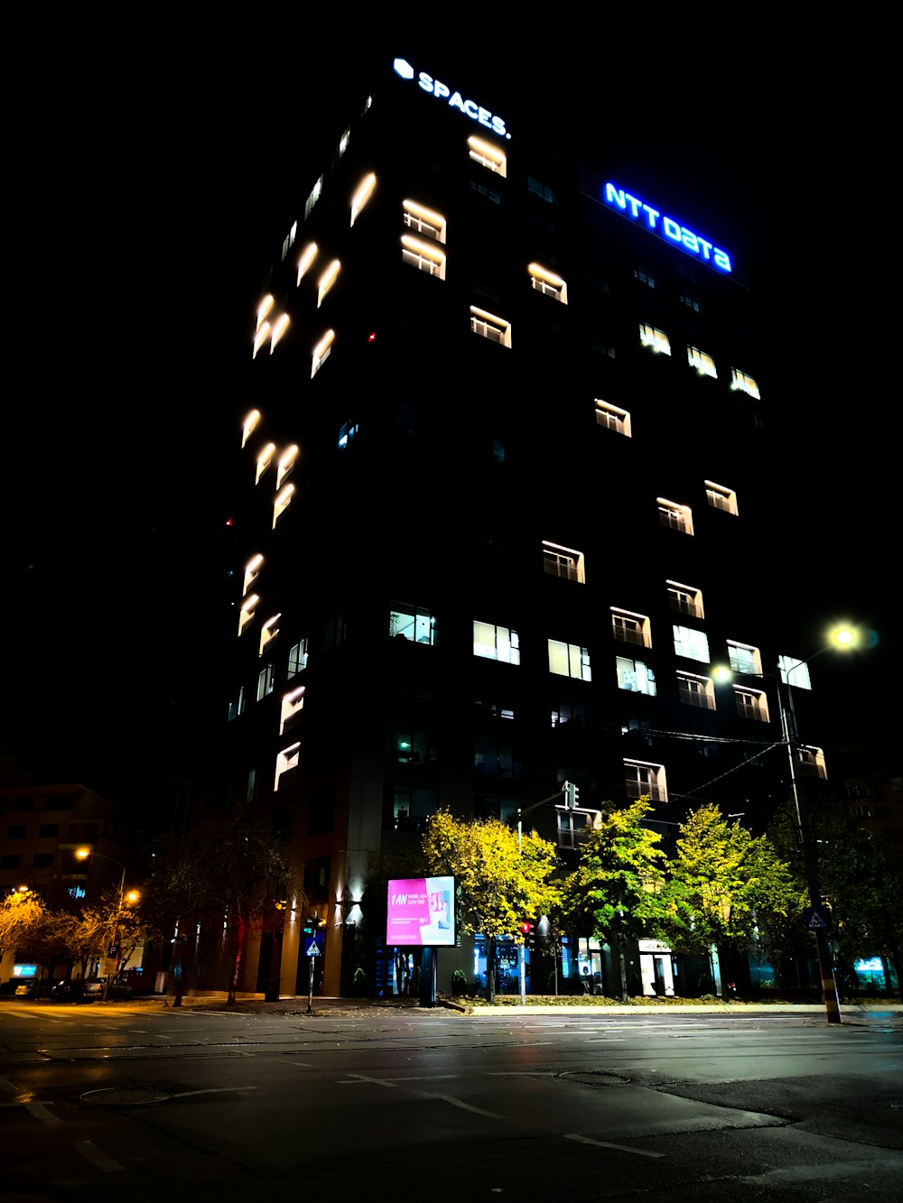 a building with lights on at night