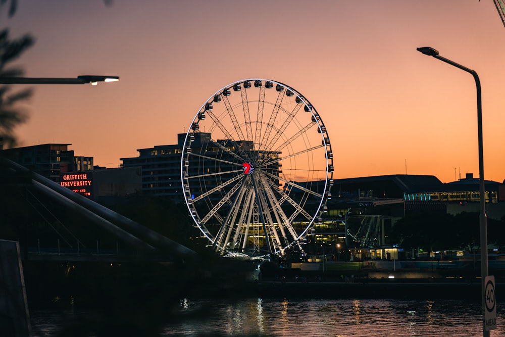 a ferris wheel by a river