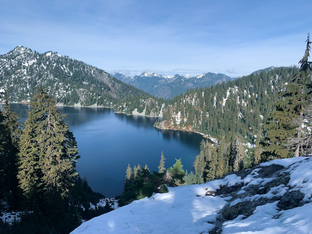 a lake surrounded by snow and trees