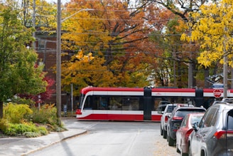 A red and white streetcar travels down a residential street lined with parked cars. The street is surrounded by trees with vibrant autumn foliage in shades of yellow, orange, and red. A brick building is partially visible in the background. A stop sign is present at the intersection, and electric lines run overhead.