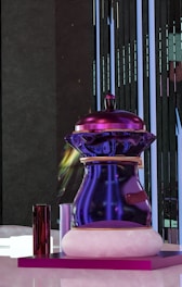 A futuristic 3D-printed geometric vase illuminated by purple neon light on a dark surface.