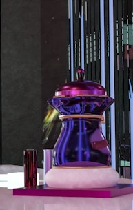 A futuristic 3D-printed geometric vase illuminated by purple neon light on a dark surface.
