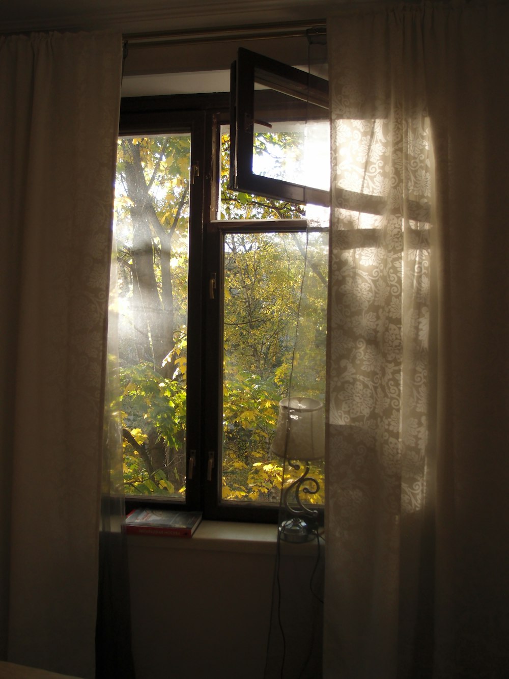 a window with curtains and a lamp