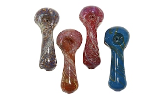 Four colorful glass pipes with intricate designs and varied patterns. They are arranged on a plain background, each displaying unique color schemes such as blue, red, and orange with swirls and speckles.