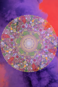 A vibrant mandala with intricate patterns, featuring a combination of floral and geometric designs. The mandala is filled with vivid colors, primarily purples, greens, and reds, and is set against a background of swirling purple and orange clouds, creating a mystical and dreamlike atmosphere.