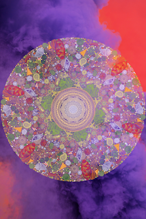 A vibrant mandala with intricate patterns, featuring a combination of floral and geometric designs. The mandala is filled with vivid colors, primarily purples, greens, and reds, and is set against a background of swirling purple and orange clouds, creating a mystical and dreamlike atmosphere.