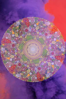 A vibrant jewel-toned mandala glowing with deep purples and teals, symbolizing earth's energy grid.