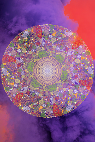 A vibrant mandala with intricate patterns, featuring a combination of floral and geometric designs. The mandala is filled with vivid colors, primarily purples, greens, and reds, and is set against a background of swirling purple and orange clouds, creating a mystical and dreamlike atmosphere.