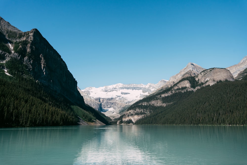 a lake with mountains in the background