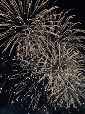 Vibrant fireworks burst against a dark night sky, creating a stunning display of bright, golden streaks and sparkling explosions.