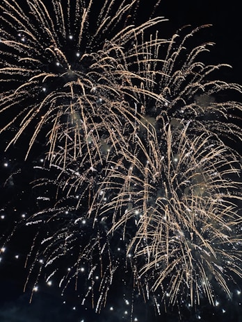 Vibrant fireworks burst against a dark night sky, creating a stunning display of bright, golden streaks and sparkling explosions.