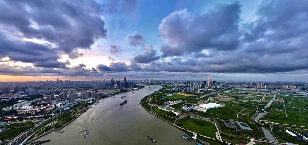 a city landscape with a river running through it