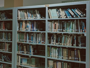 Bookshelves filled with various titles arranged neatly in the library