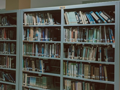 Bookshelves filled with a variety of books organized neatly in a library setting, with labels indicating different sections.