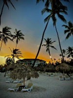 A sandy beach scene at sunset with multiple palm trees and thatched umbrellas scattered across the sand. White lounge chairs are placed under the umbrellas. In the background, a building with a red-tiled roof is partially visible. The sky features a gradient from blue to orange, indicating the setting sun.