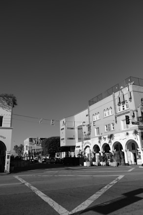 A black and white photograph captures an intersection in an urban area with distinctive architecture. Arched windows and doors characterize the buildings, and the word 'VENICE' is prominently displayed hanging across the street. Leafy trees and potted plants add a touch of greenery.