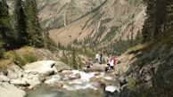 A group of trekkers pausing beside a crystal-clear mountain stream surrounded by pine trees.