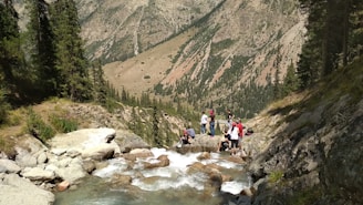 A team of environmental inspectors monitoring water sources in a natural landscape.