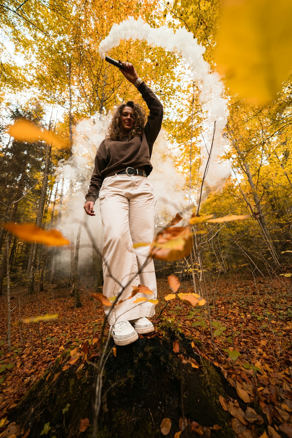 a man holding a gun and standing on a tree stump