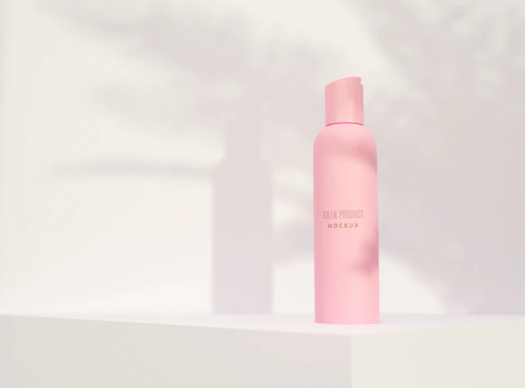 Close-up of a glowing skincare product bottle with soft natural light.