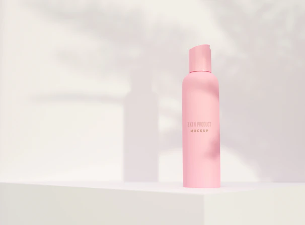 Elegant light pink LED skincare masks glowing softly on a minimalist white surface
