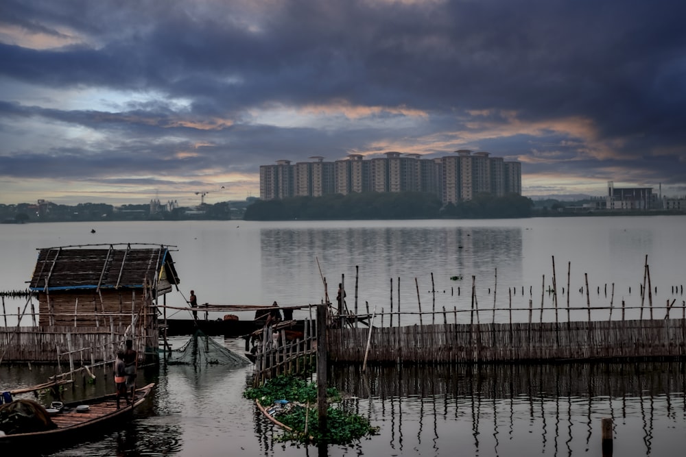 a dock with a building in the background