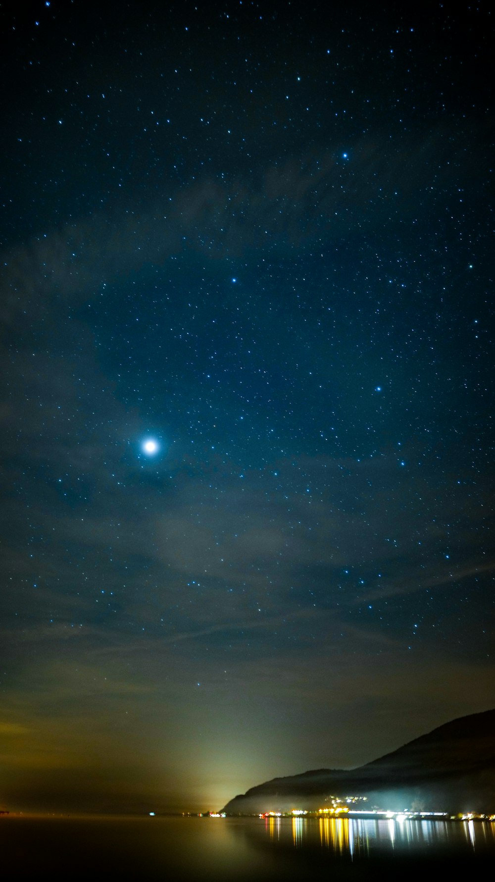 a body of water with a moon in the sky above it