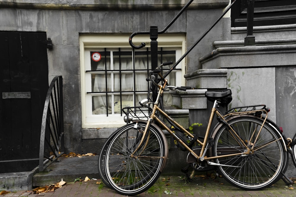 a bicycle parked in front of a building