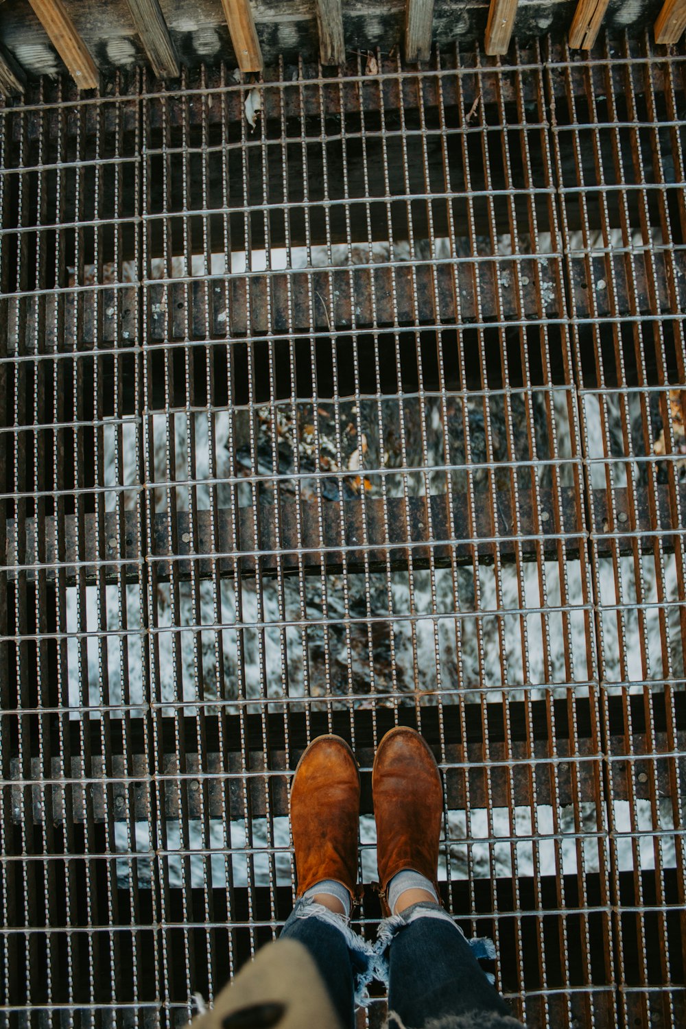 a person's feet on a metal grate