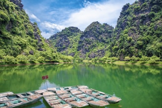 a group of boats on a lake