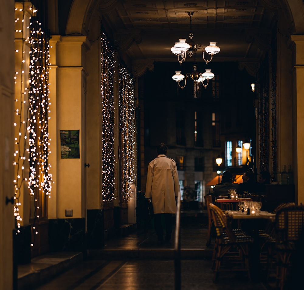 a person walking through a building