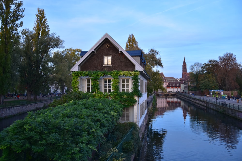 a building next to a river