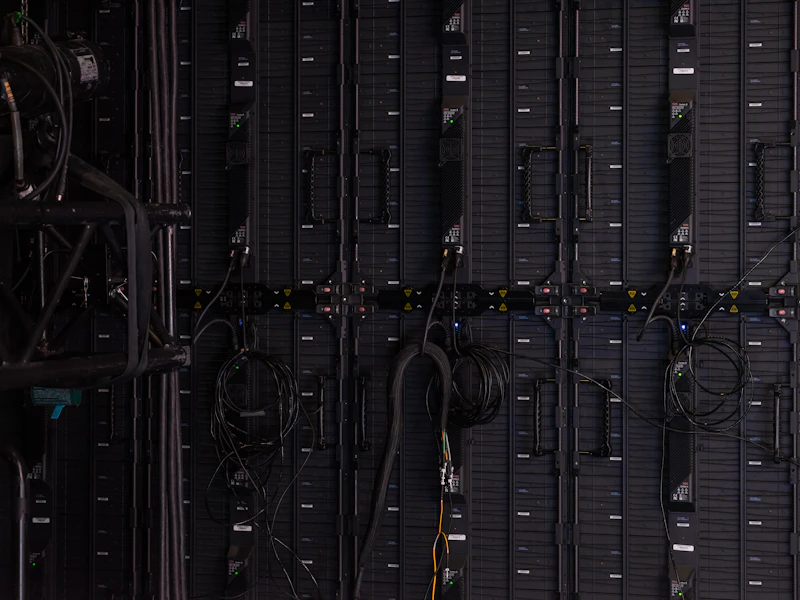 Black cables behind rows of modular panels