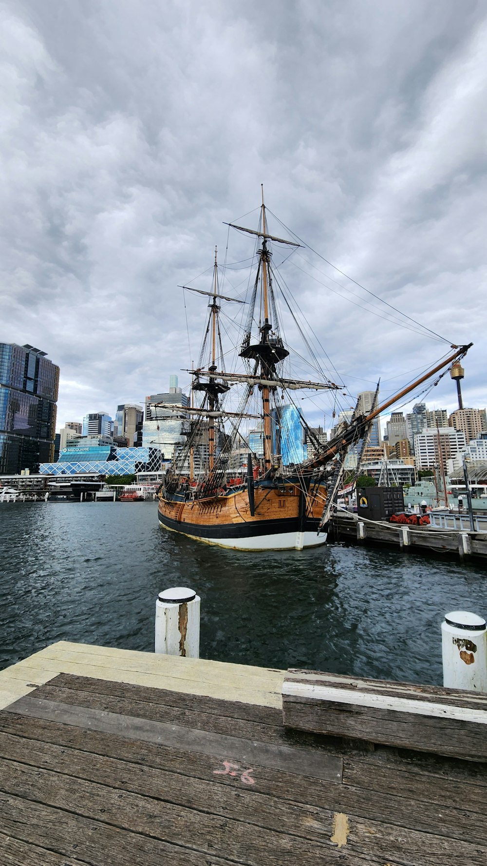 a large sailboat docked at a pier