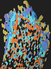 An artistic visual creation blending abstract shapes with bold colors on a dark background.