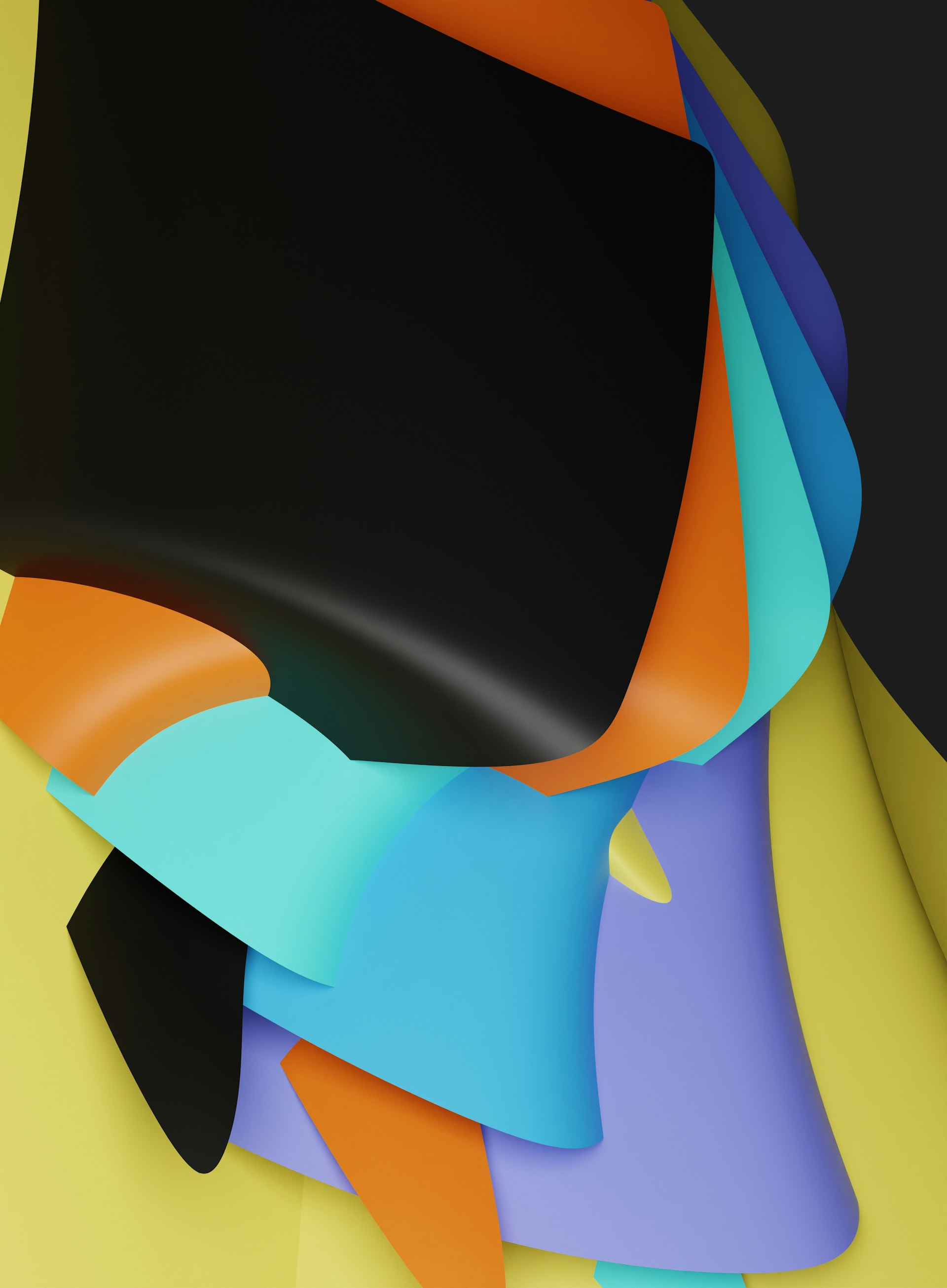 Abstract composition featuring layered geometric shapes in warm and cool tones.