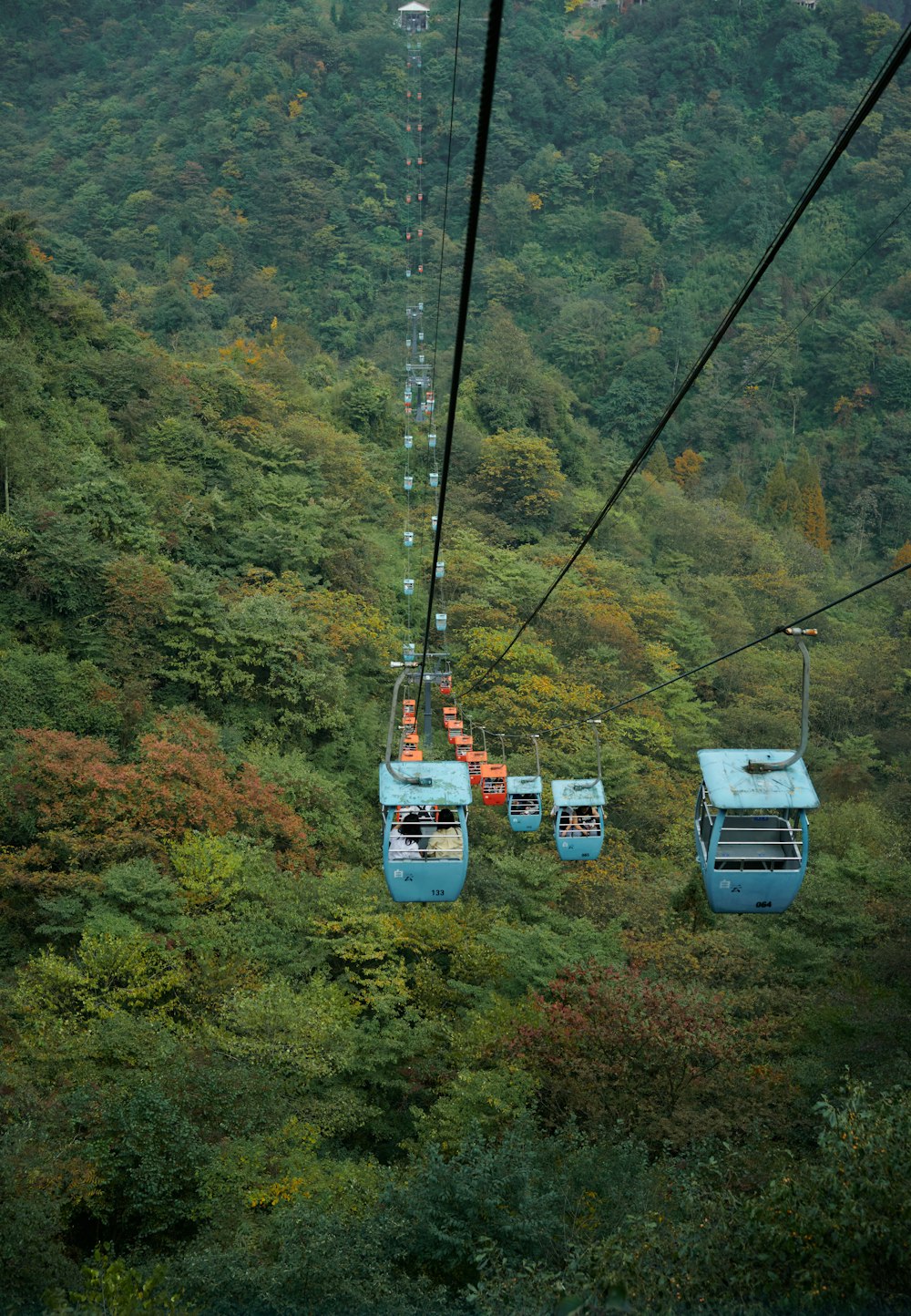 a group of blue and white cable cars on a cable