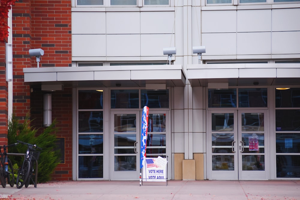 a building with glass doors