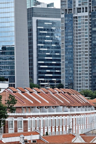 A group of modern skyscrapers stands behind a row of older brick buildings with red-tiled roofs. The architectural contrast highlights the blend of old and new urban development. The skyscrapers are composed of glass and steel, showcasing a sleek and modern design, while the smaller buildings in the foreground exhibit a more traditional architectural style.