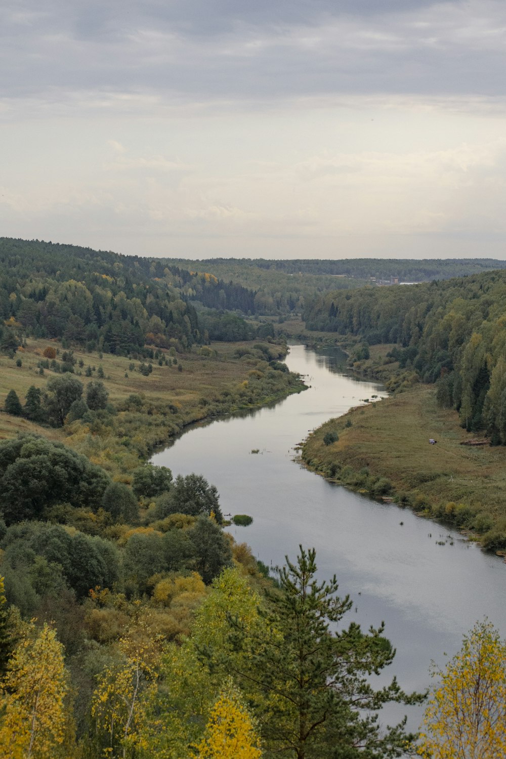 a river with trees and hills around it