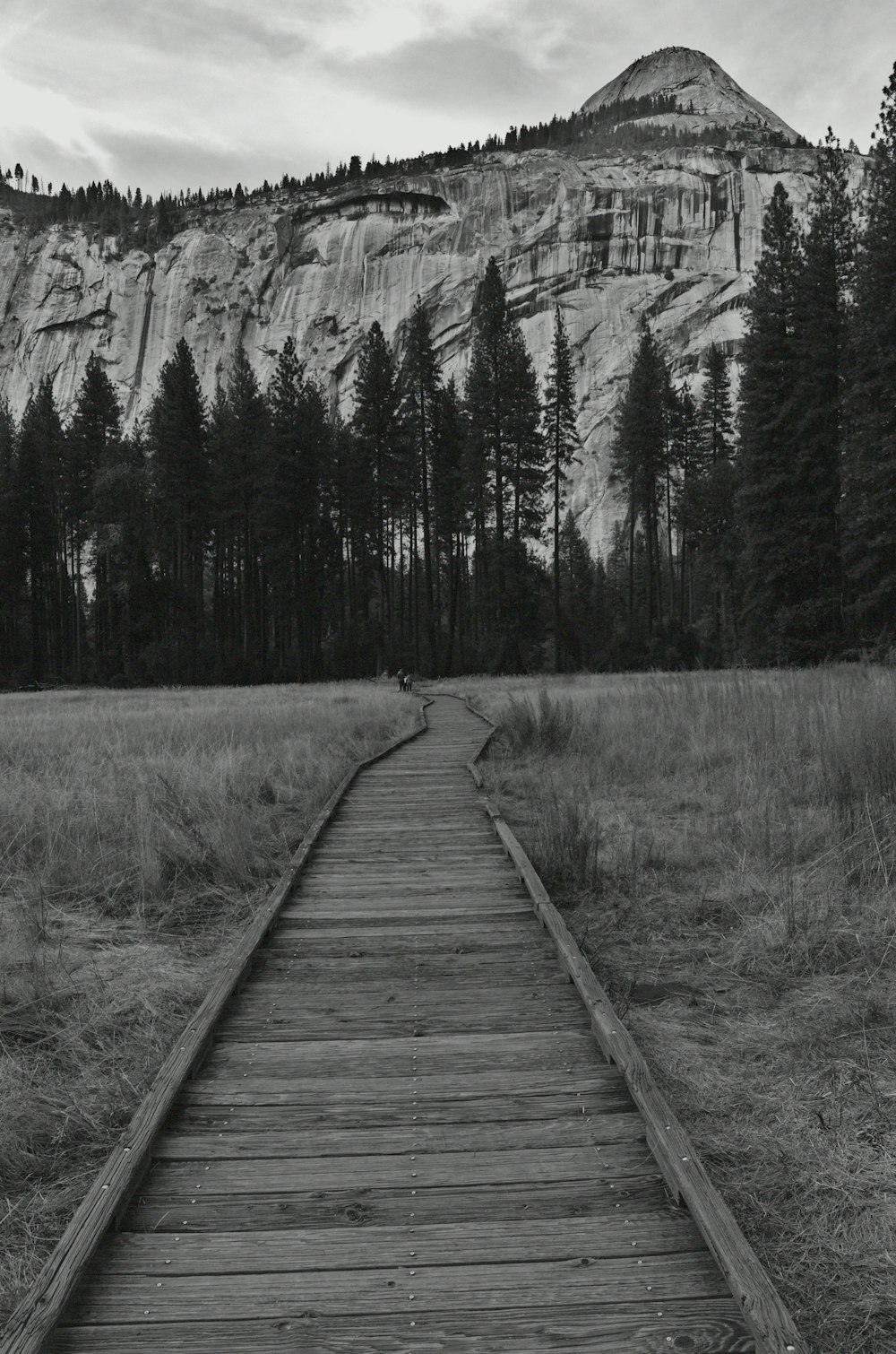 a wooden walkway leading to a mountain