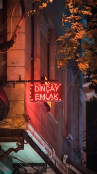 A glowing red neon sign with the words 'Dinçay Emlak' is prominently displayed on the side of a building. The surface of the wall is textured with stone, and surrounding the sign are hanging cables. Leafy branches from a nearby tree cascade in from the top right, casting shadows on the wall, and contributing to a mix of warm and cool tones, creating a sense of depth.