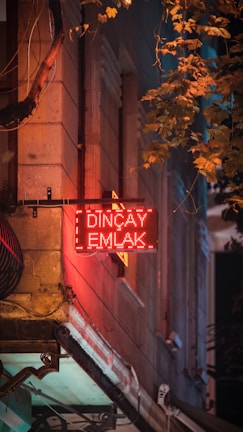 A glowing red neon sign with the words 'Dinçay Emlak' is prominently displayed on the side of a building. The surface of the wall is textured with stone, and surrounding the sign are hanging cables. Leafy branches from a nearby tree cascade in from the top right, casting shadows on the wall, and contributing to a mix of warm and cool tones, creating a sense of depth.