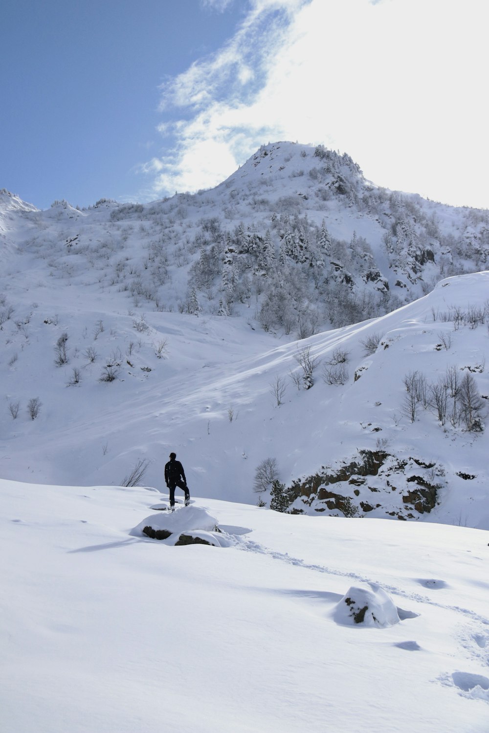 a person standing on a snowy hill