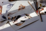 A collection of watercolor paintings depicting different cats is arranged on a surface. The paintings feature various cat breeds and poses, characterized by soft brush strokes and vibrant colors. Paintbrushes and paint pans are scattered around the artwork, suggesting an artistic work in progress under natural light, casting soft shadows.