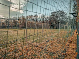 An aerial perspective of a sprawling college soccer field surrounded by autumn trees.
