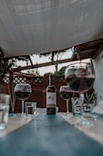 A rustic wooden table with glasses of red and white wine set against a vineyard backdrop in autumn.